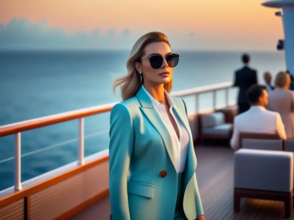Ambiente sereno en cubierta de crucero de lujo al atardecer, con diseño moderno y minimalista