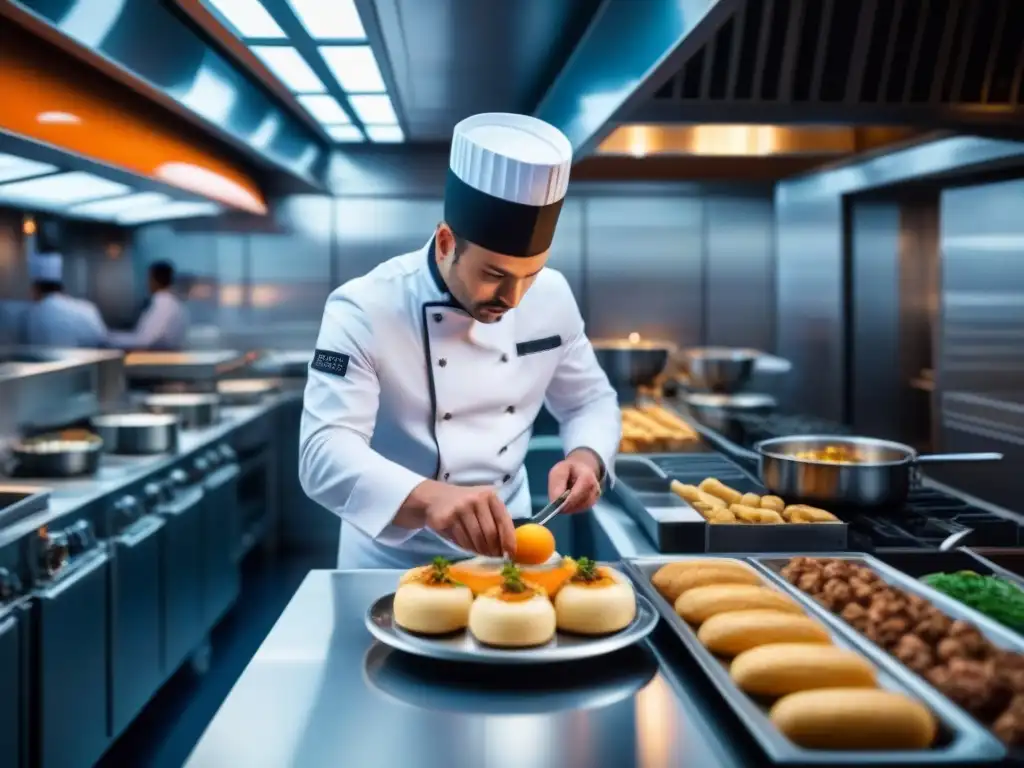 Un ambiente sofisticado de cocina en crucero, chefs preparando platos exquisitos en shows en vivo