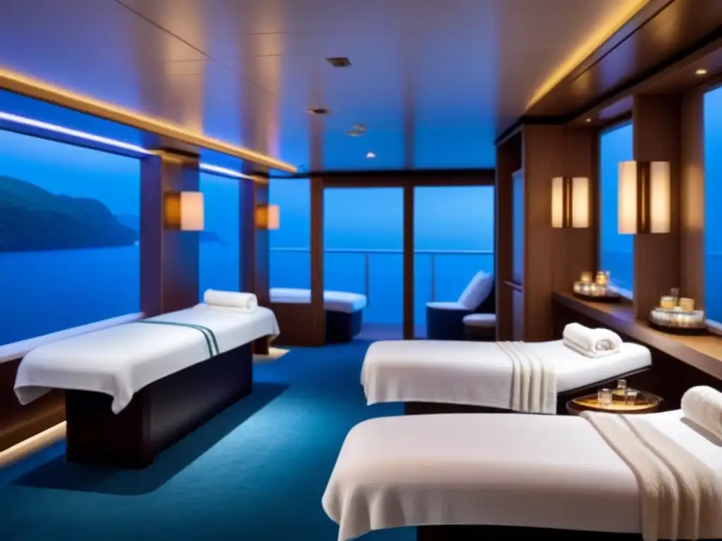 Ambiente tranquilo y lujoso en un spa de crucero, ideal para capacitación personal spa cruceros