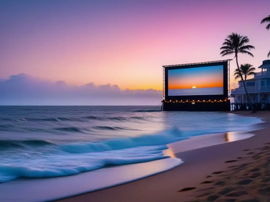 Un ambiente tranquilo en una playa al atardecer, con una pantalla de cine al aire libre iluminada por luces