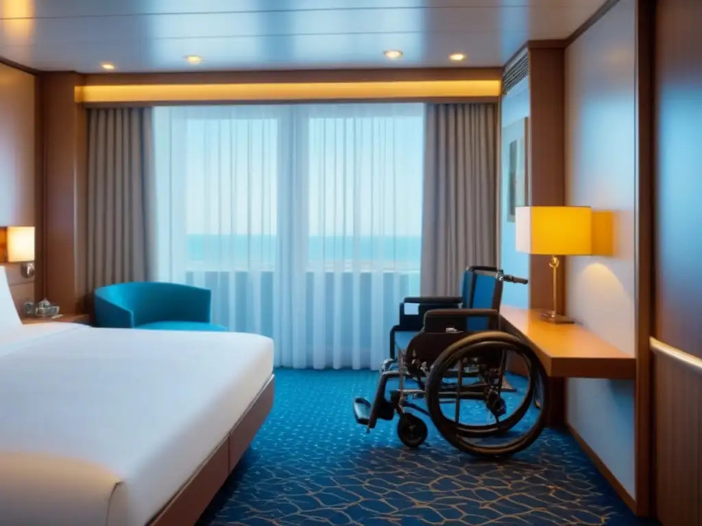 Amplia cabina accesible en crucero con diseño elegante y detalles para Normativas de accesibilidad en cruceros