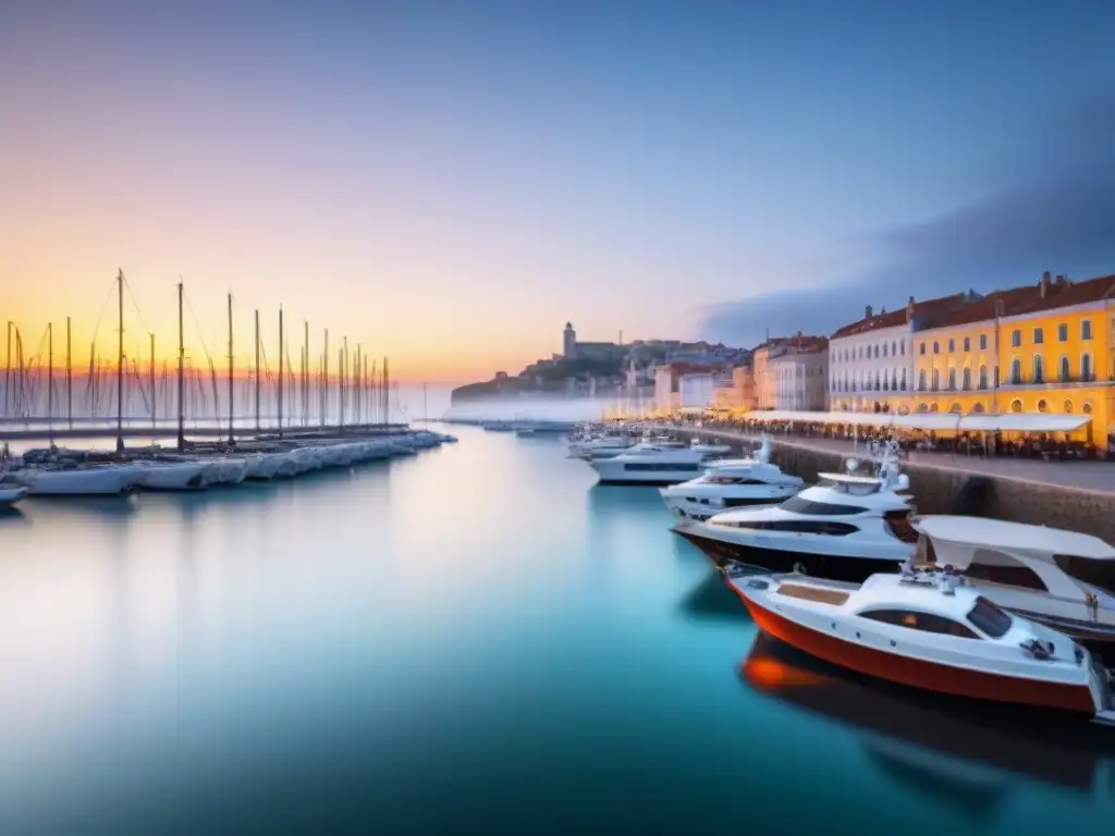 Amplio puerto al amanecer, con variedad de barcos, arquitectura detallada y actividad frenética