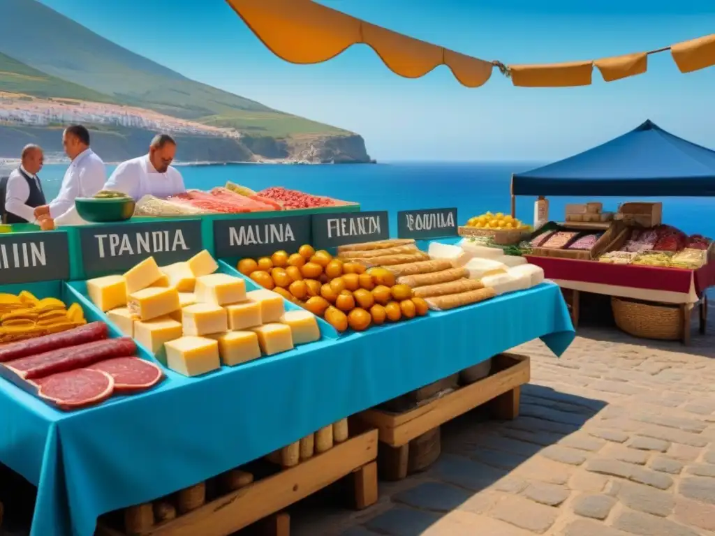 Un animado mercado español con puestos de comida y vistas al mar, ideal para 'Temáticas gastronómicas en cruceros'