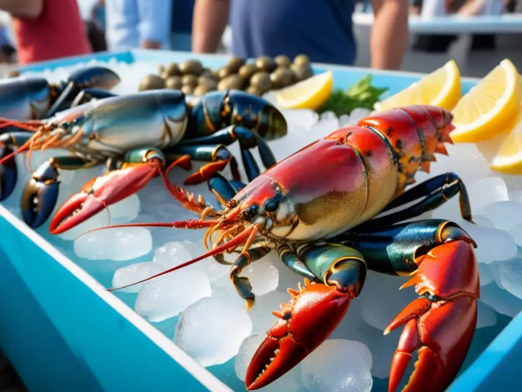 Un animado mercado de mariscos en un festival marítimo con deliciosos productos frescos