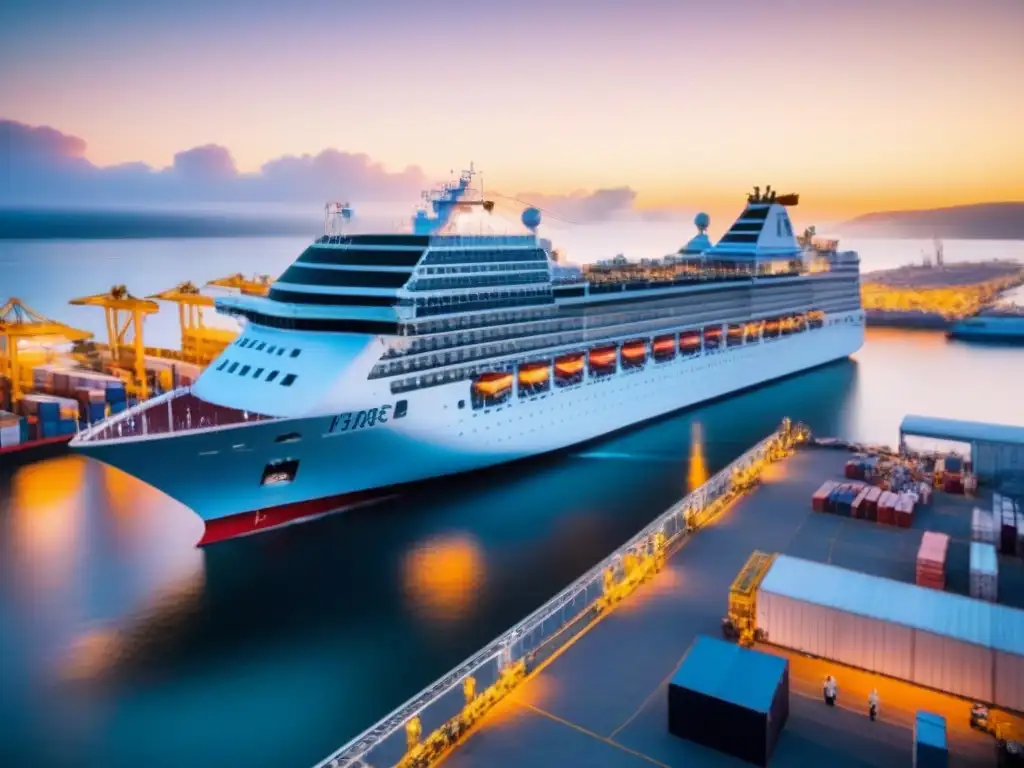 Un animado puerto de cruceros al atardecer, con barcos, trabajadores y movimiento