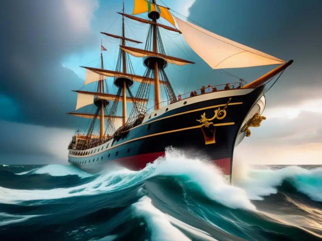 Nave vintage surcando mares turbulentos en una imagen detallada Un antiguo barco navega en aguas turbulentas con nubes de tormenta