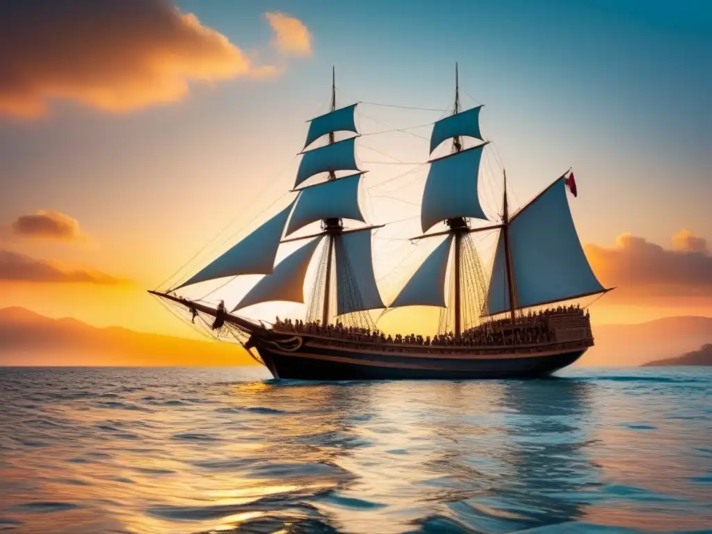 Un antiguo barco majestuoso navega en aguas tranquilas al atardecer, evocando historia y exploración