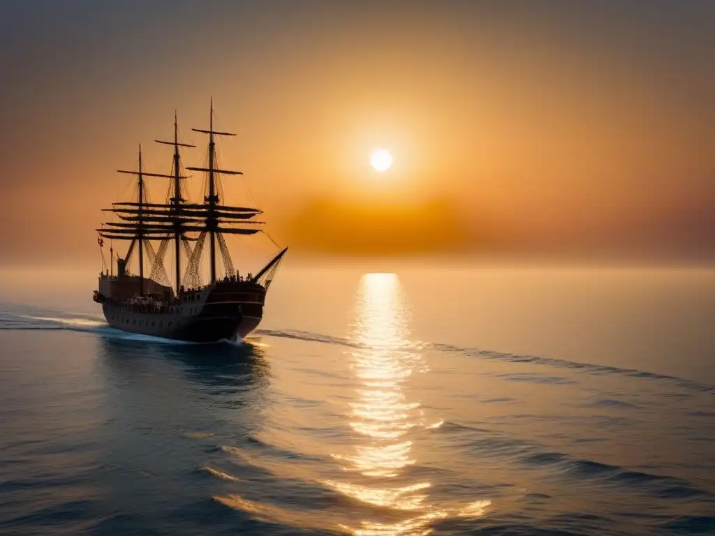 Un antiguo barco mercante navega en la Ruta de la Seda Marítima al atardecer, bajo una cálida luz dorada