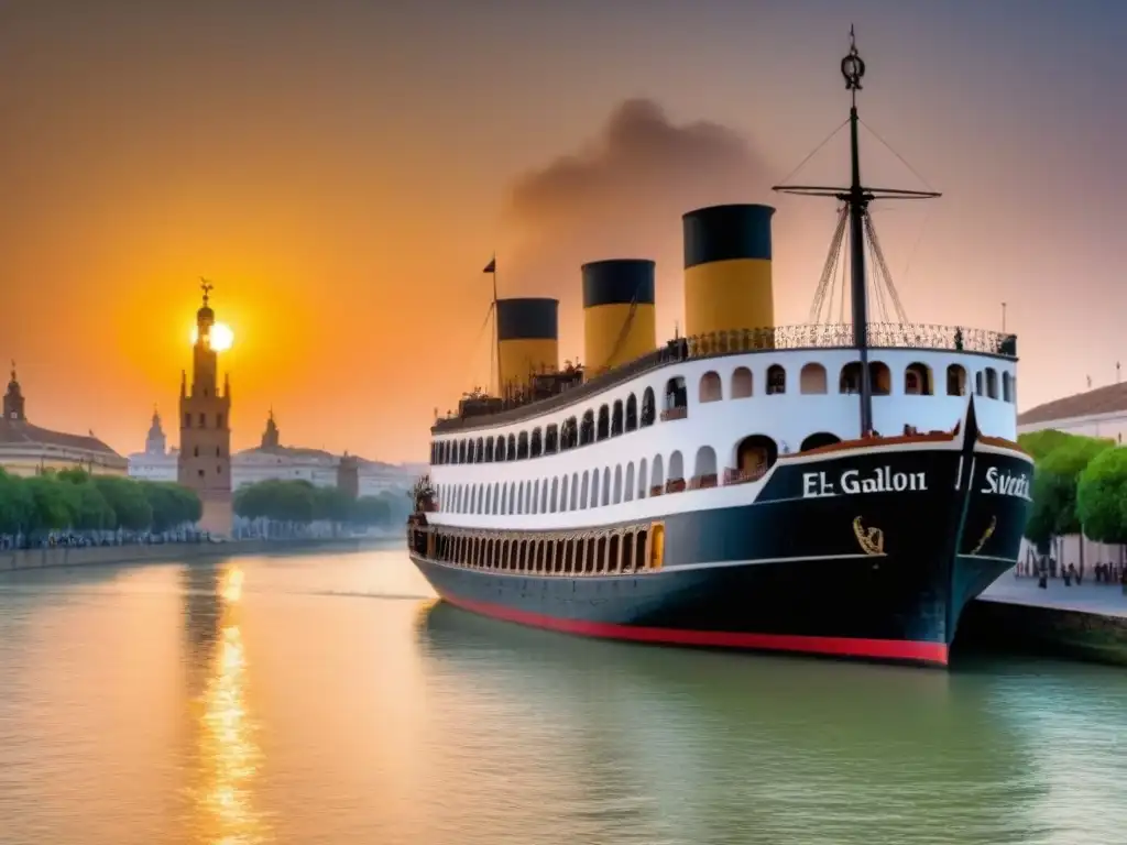 El antiguo galeón español comerciando, contrastando con la moderna Sevilla al atardecer