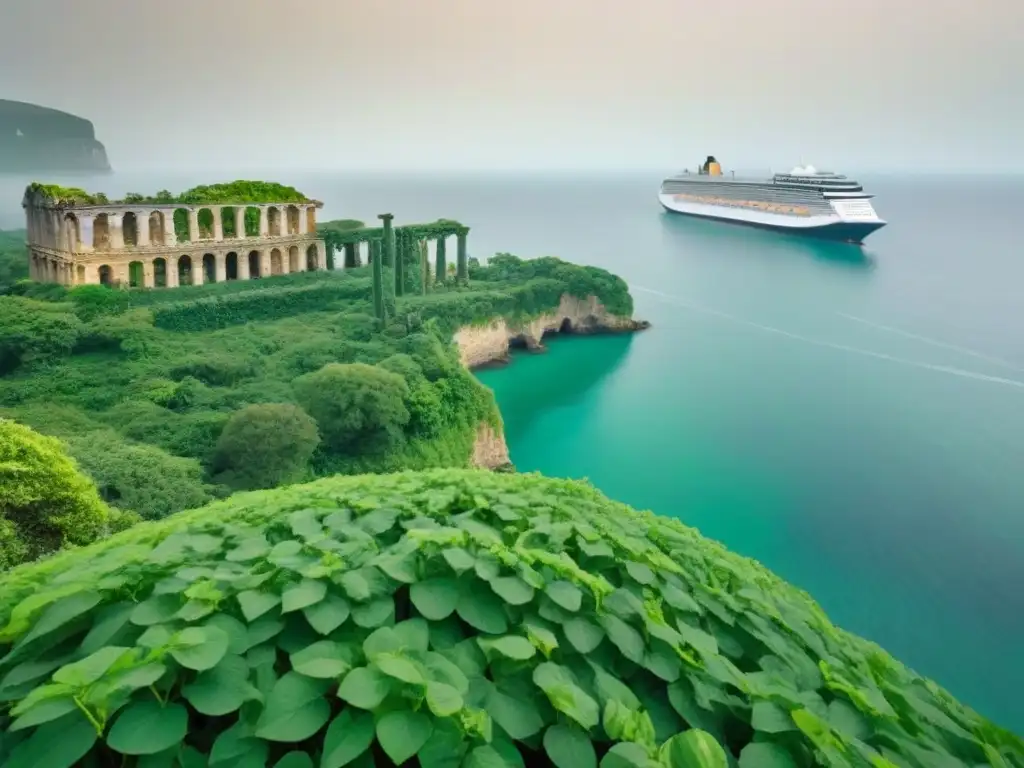 Un antiguo y majestuoso templo cubierto parcialmente de enredaderas verdes, frente al mar con un crucero