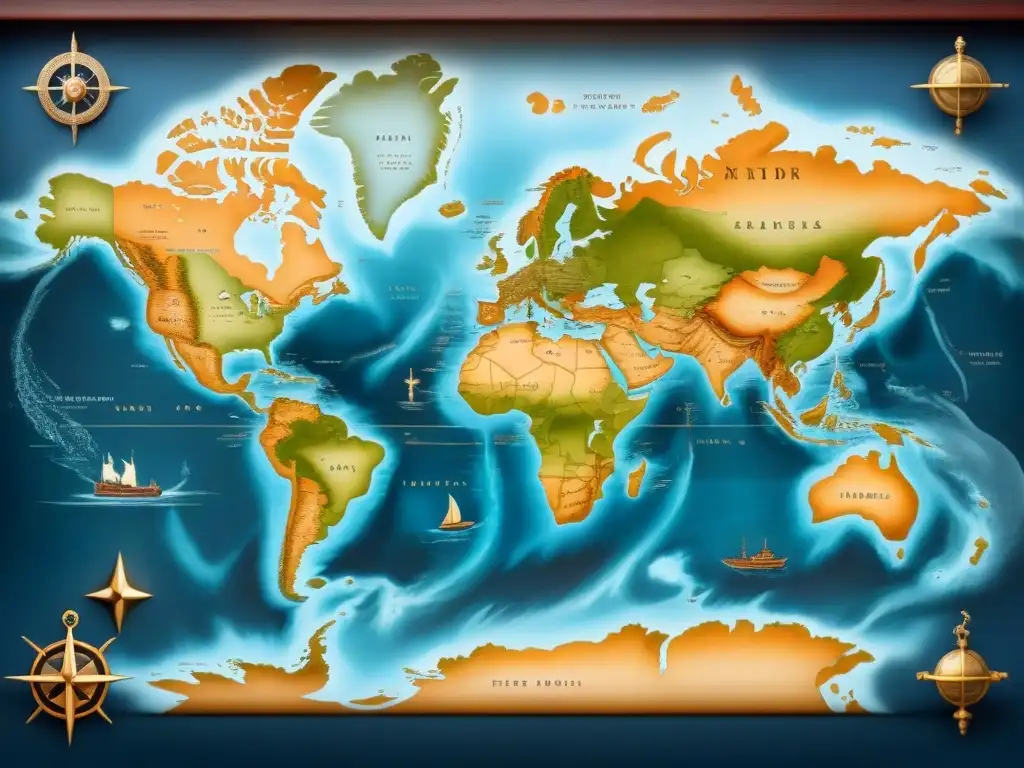 Un antiguo mapa marítimo del siglo XV o XVI con detalles intrincados en tonos azules y marrones