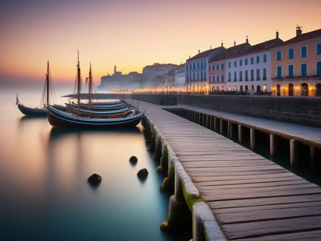 Un antiguo puerto marítimo al atardecer con barcos de madera, murallas de piedra y gaviotas en el cielo