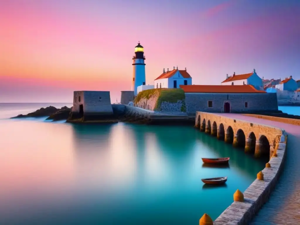 Antiguo puerto marítimo al atardecer con barcos, faro y gaviotas