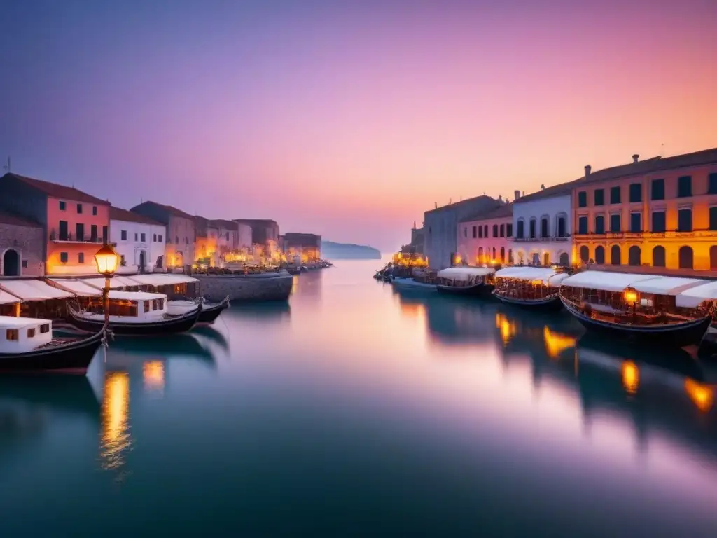 Antiguos puertos patrimonio marítimo: Serenidad y belleza atemporal en un puerto antiguo al atardecer con faroles brillantes y barcos silueteados