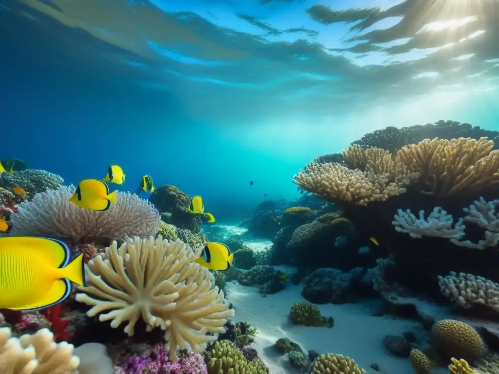 Un apacible arrecife de coral con peces coloridos nadando en un paisaje submarino tranquilo y cautivador