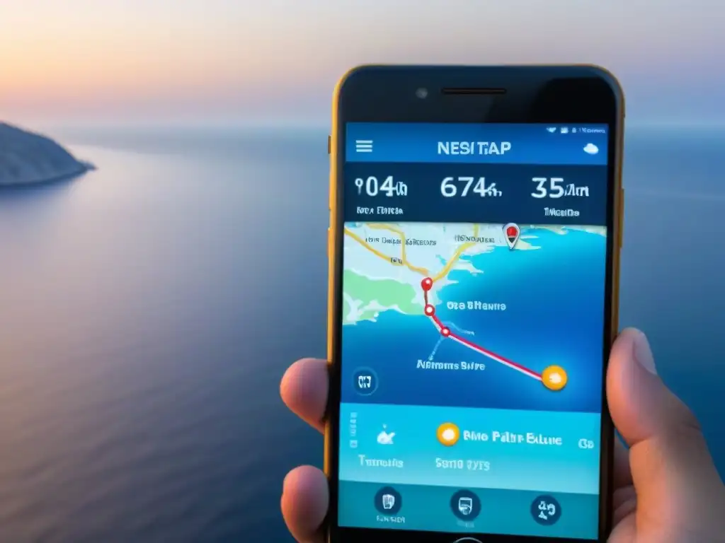 Aplicación de seguimiento de cruceros con ruta y medidas de seguridad resaltadas en smartphone