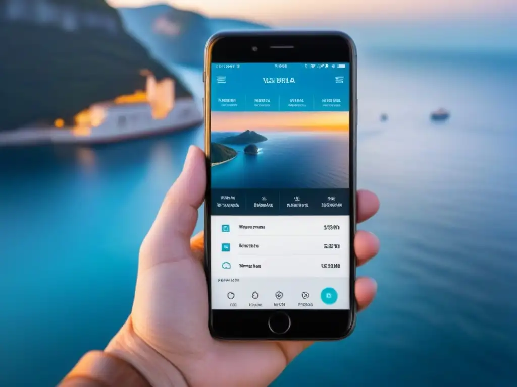 Una app para documentar cruceros con diseño minimalista y elegante, mostrando un itinerario de viaje en pantalla