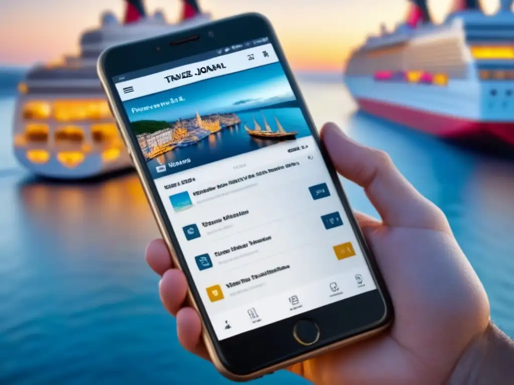 Una app para documentar cruceros: una elegante pantalla de smartphone muestra un diario de viaje digital con recuerdos de crucero