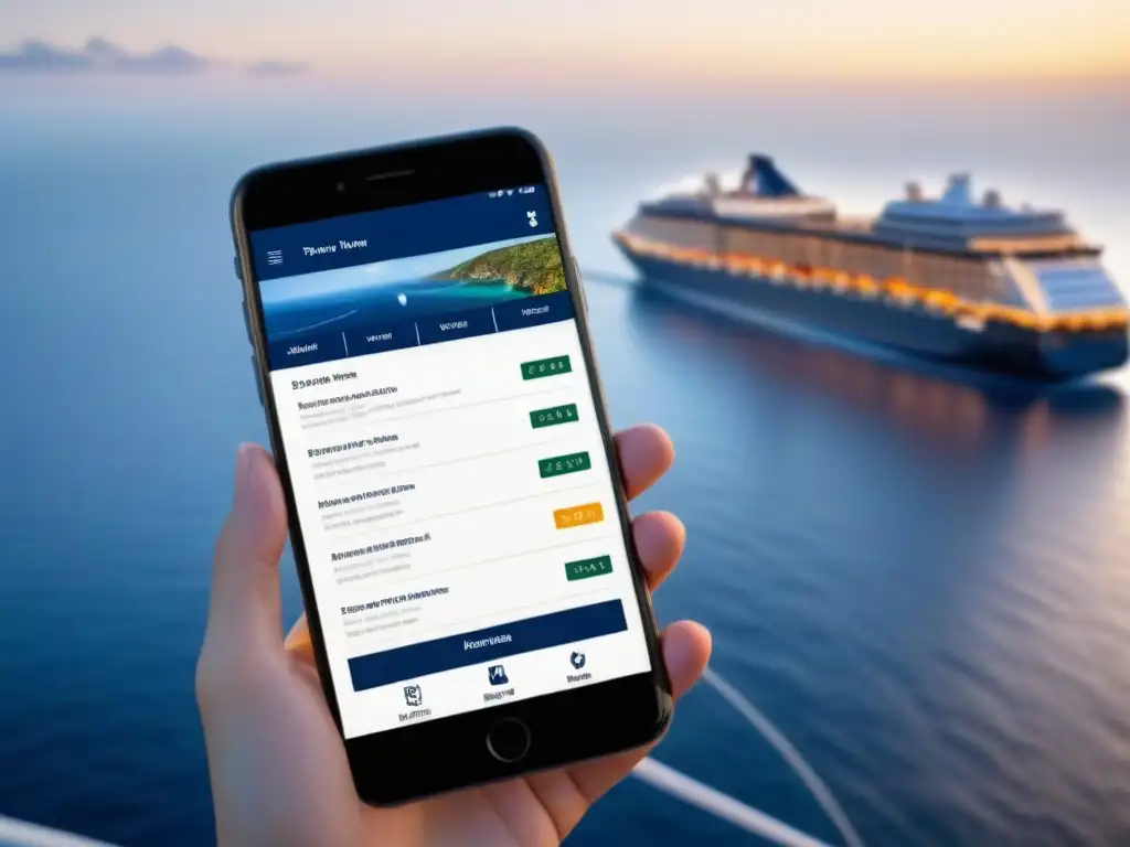 Una app elegante para planificar cruceros en un smartphone sobre un fondo sereno de mar