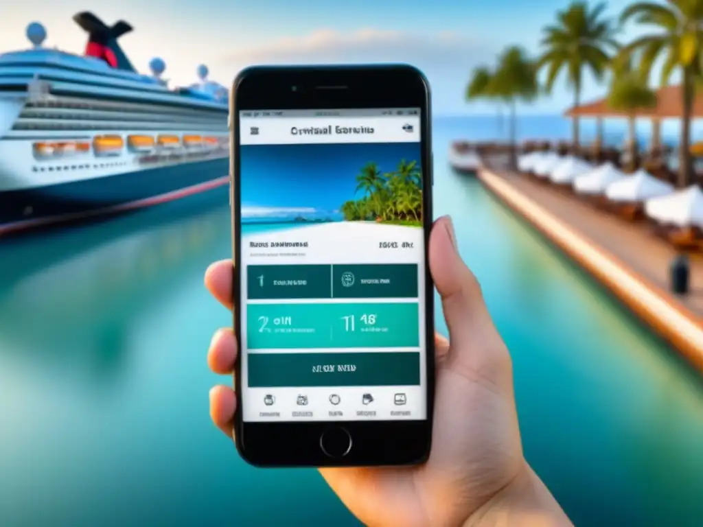 Una app para reservar excursiones de crucero con vista a una isla tropical y un barco de lujo en puerto