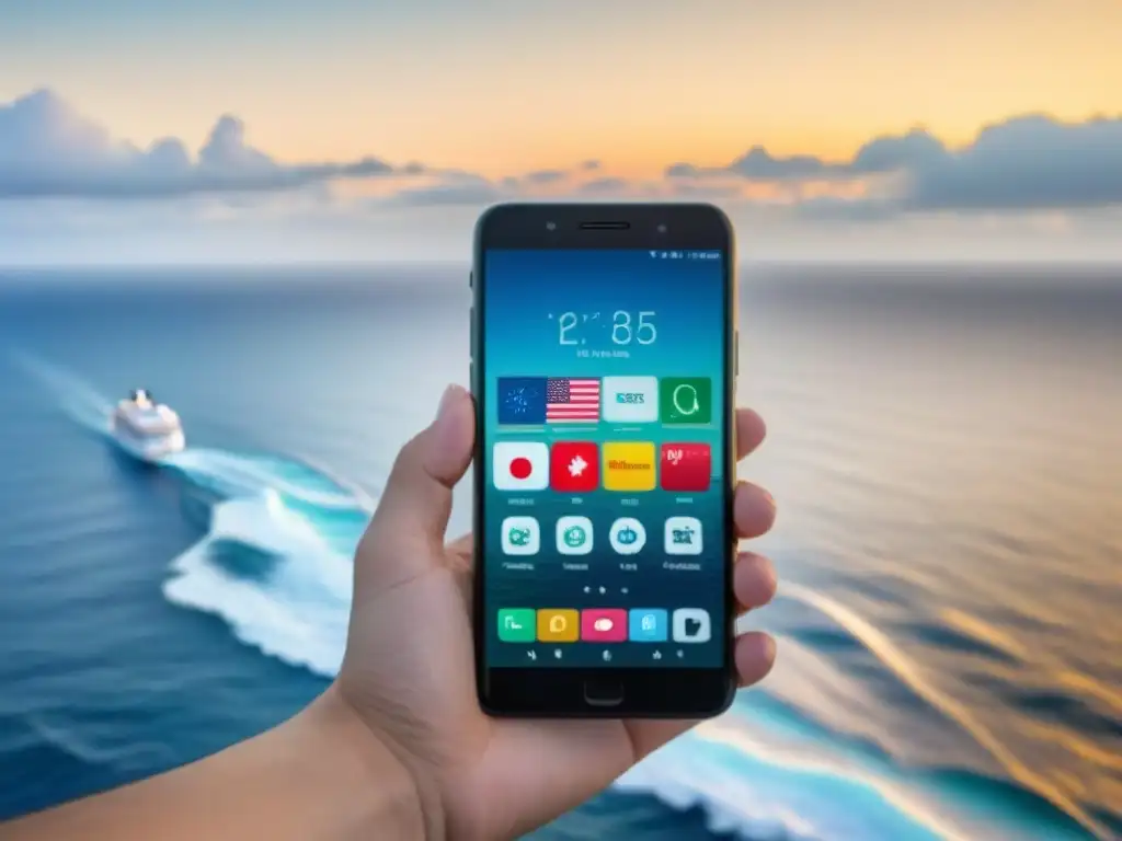 Apps de traducción para cruceros: Interfaz moderna en smartphone con idiomas y crucero al fondo, reflejando eficiencia y comodidad