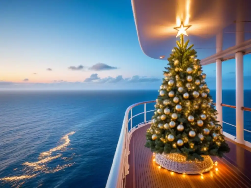 Un árbol de Navidad decorado en un lujoso crucero al atardecer, evocando la magia de las Fiestas de Navidad en Cruceros