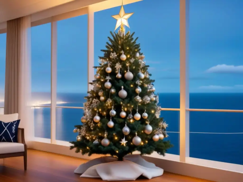 Árbol de Navidad iluminado en un crucero, fiestas de Navidad en cruceros