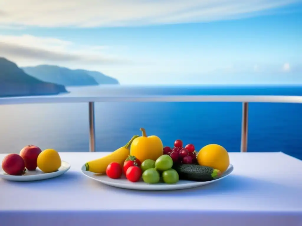 Plato de frutas y verduras frente al mar: armonía y frescura Armonía de frutas y verduras frescas frente al mar en un crucero