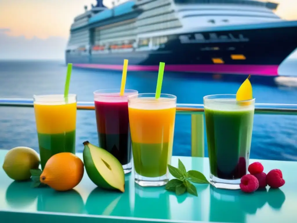 Una armoniosa gama de zumos detox en elegantes copas, con frutas y hierbas, frente al mar con un crucero al fondo