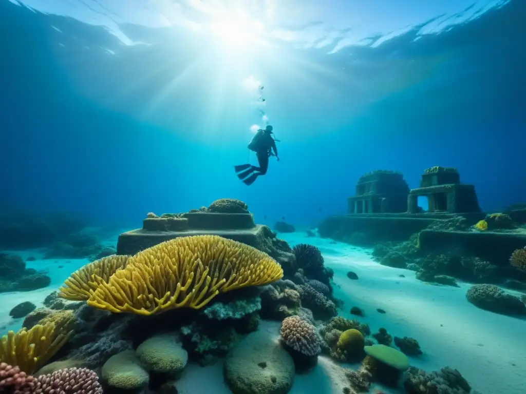 Descubre la arqueología subacuática en cruceros: ruinas antiguas cubiertas de arrecifes de coral coloridos bajo el agua