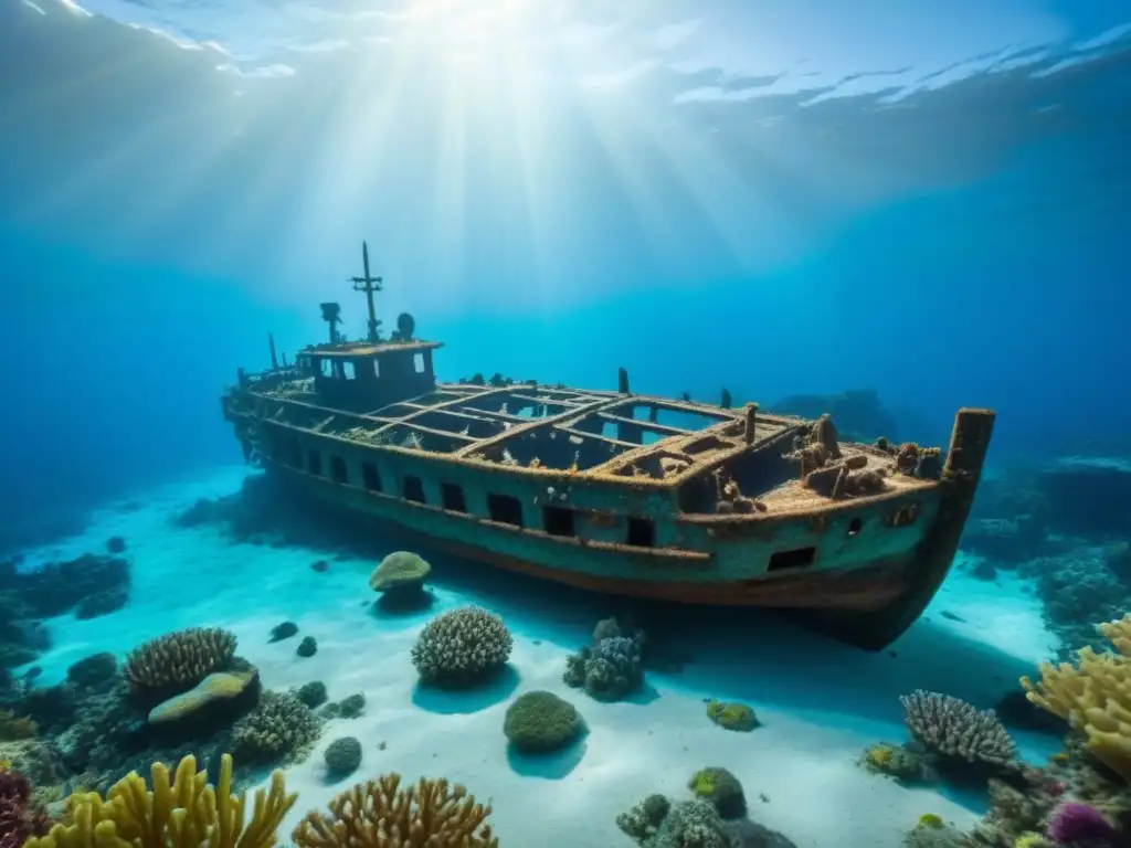 Arqueología submarina en cruceros: naufragio antiguo rodeado de corales y vida marina en el fondo del mar