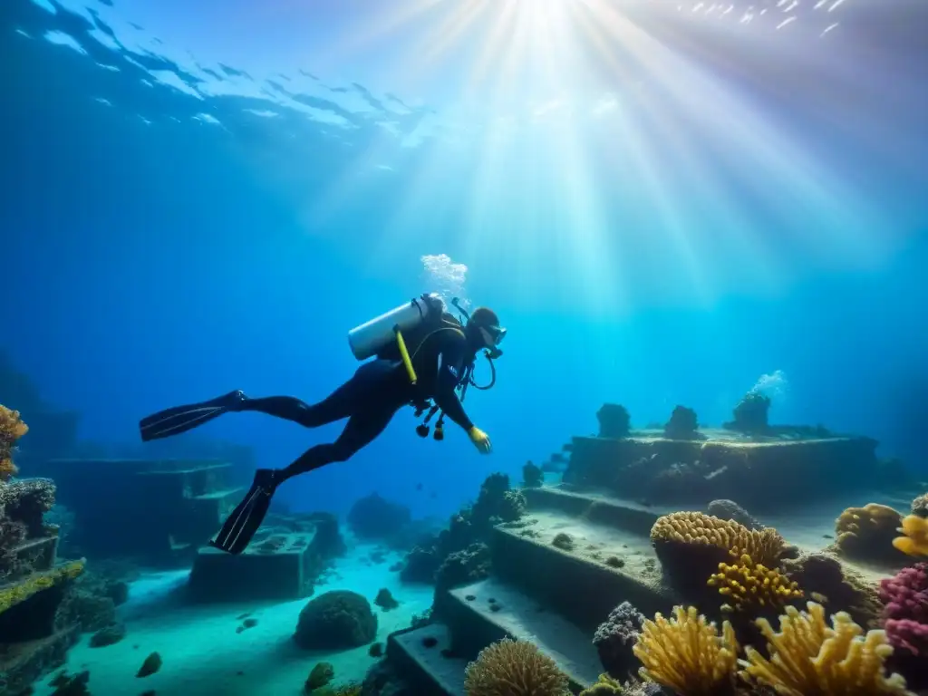 Exploración arqueológica subacuática en pecio hundido, coral vibrante y rayos de sol