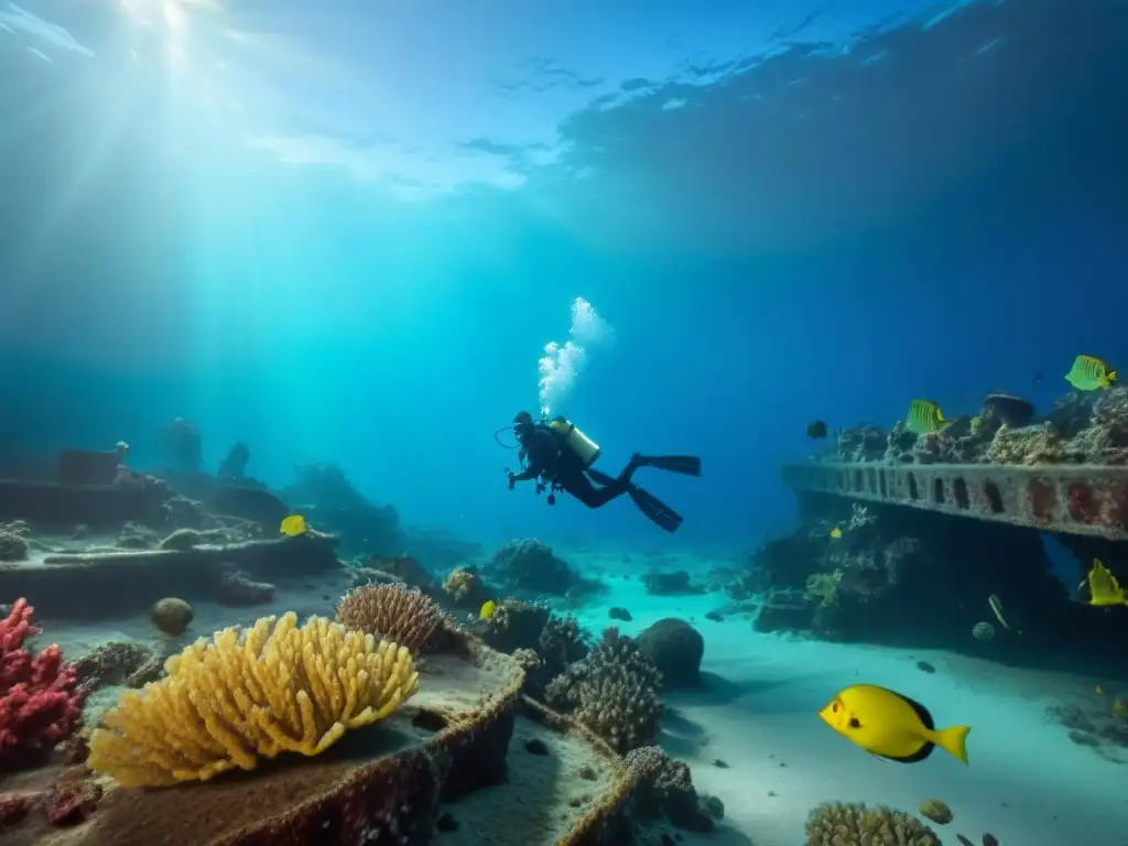 Arqueólogos submarinos preservando historia naval en un pecio rodeado de vida marina y arrecifes de coral vibrantes