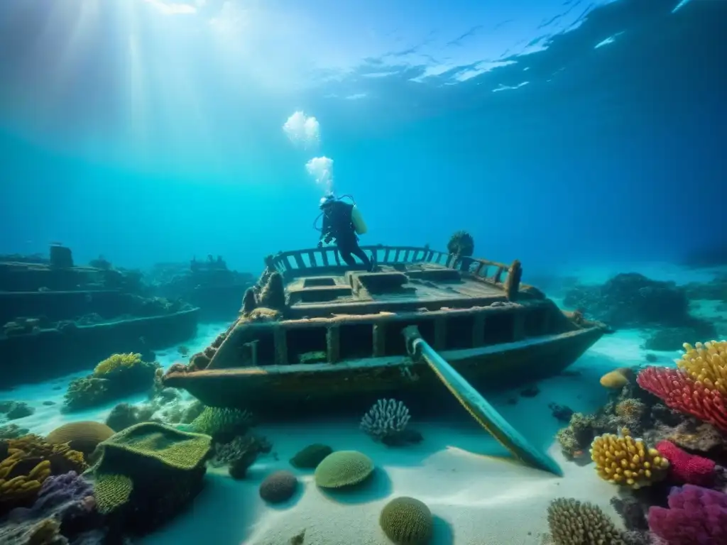 Arqueólogos submarinos preservando la historia naval en un sitio arqueológico submarino lleno de restos de naufragios y vida marina