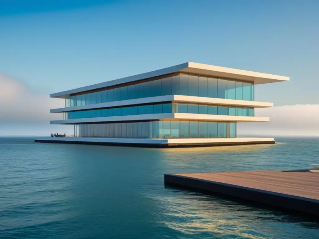 Arquitectura moderna de museo marítimo con detalles náuticos y reflejo en el agua, fusionando historia y conservación