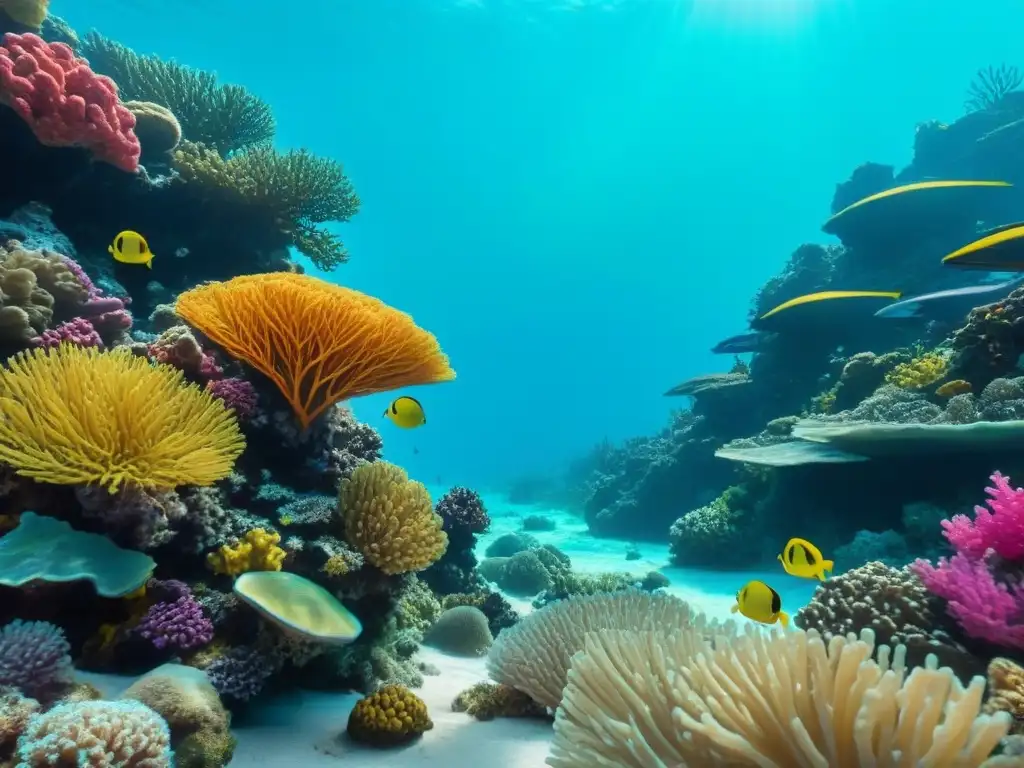 Un arrecife de coral submarino lleno de vida marina colorida, transmitiendo tranquilidad y oportunidades turismo marítimo inversión