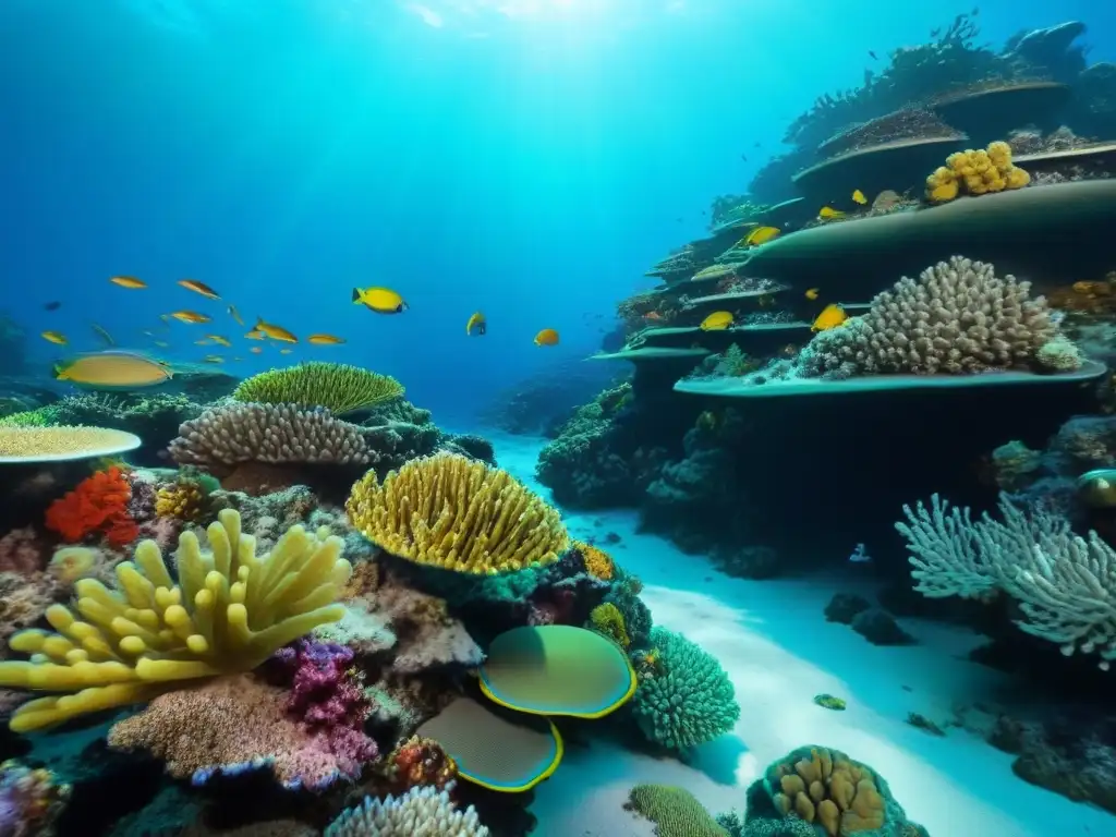 Un arrecife de coral vibrante y colorido, lleno de vida marina, iluminado por el sol en aguas cristalinas