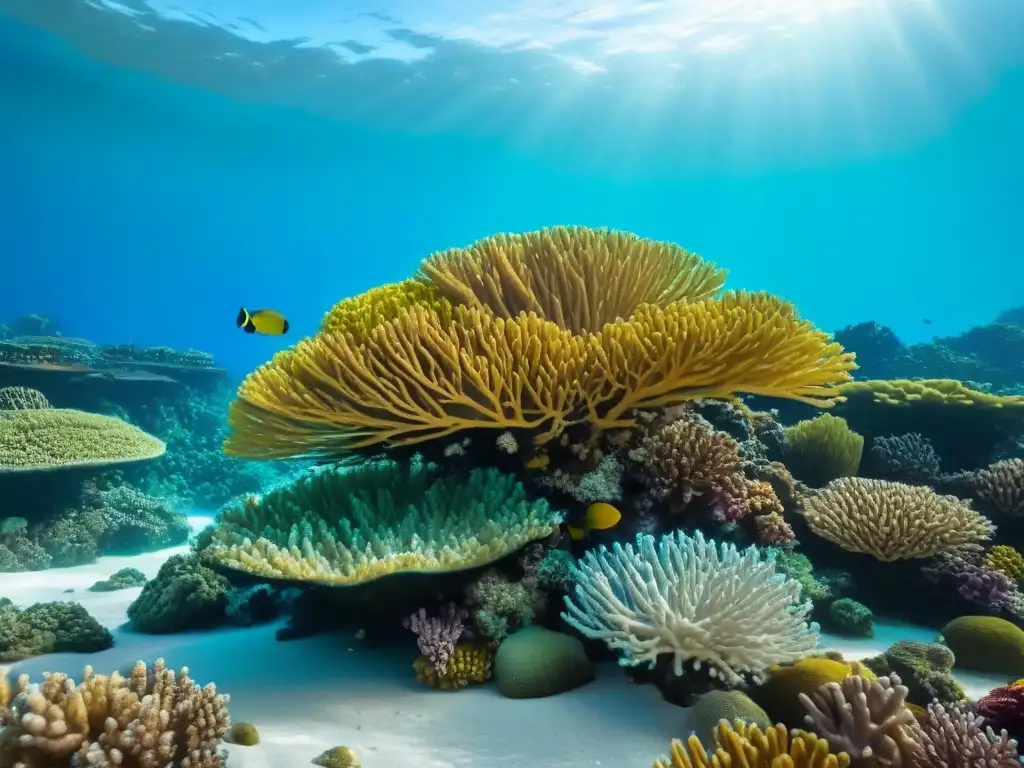 Un arrecife de coral vibrante y colorido, con una diversidad de vida marina, bajo el agua turquesa