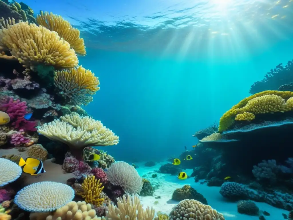 Un arrecife de coral vibrante y detallado, habitado por peces coloridos, bajo un mar turquesa