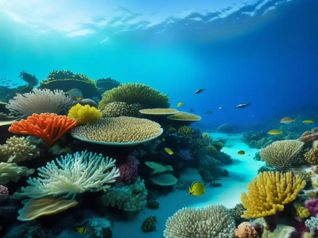 Un arrecife de coral vibrante y detallado, lleno de vida marina colorida en aguas turquesas cristalinas