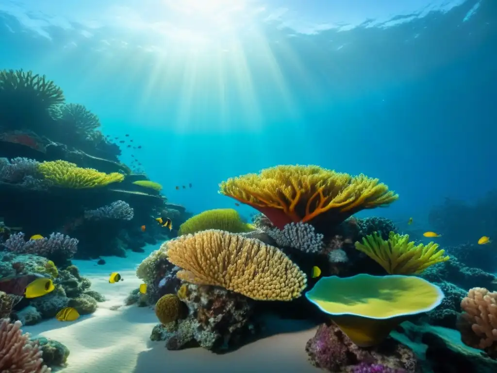 Un arrecife de coral vibrante y diverso, reflejando la luz del sol en aguas cristalinas