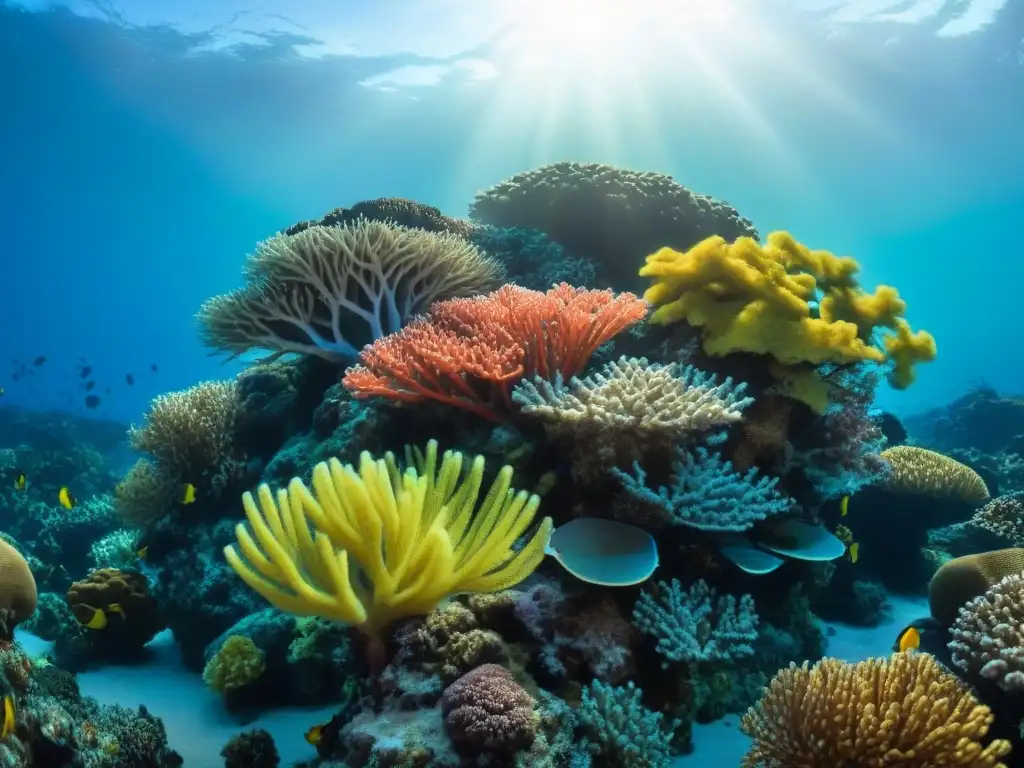 Un arrecife de coral vibrante y diverso en aguas cristalinas, reflejando la belleza y biodiversidad de los cruceros sostenibles arrecifes coral