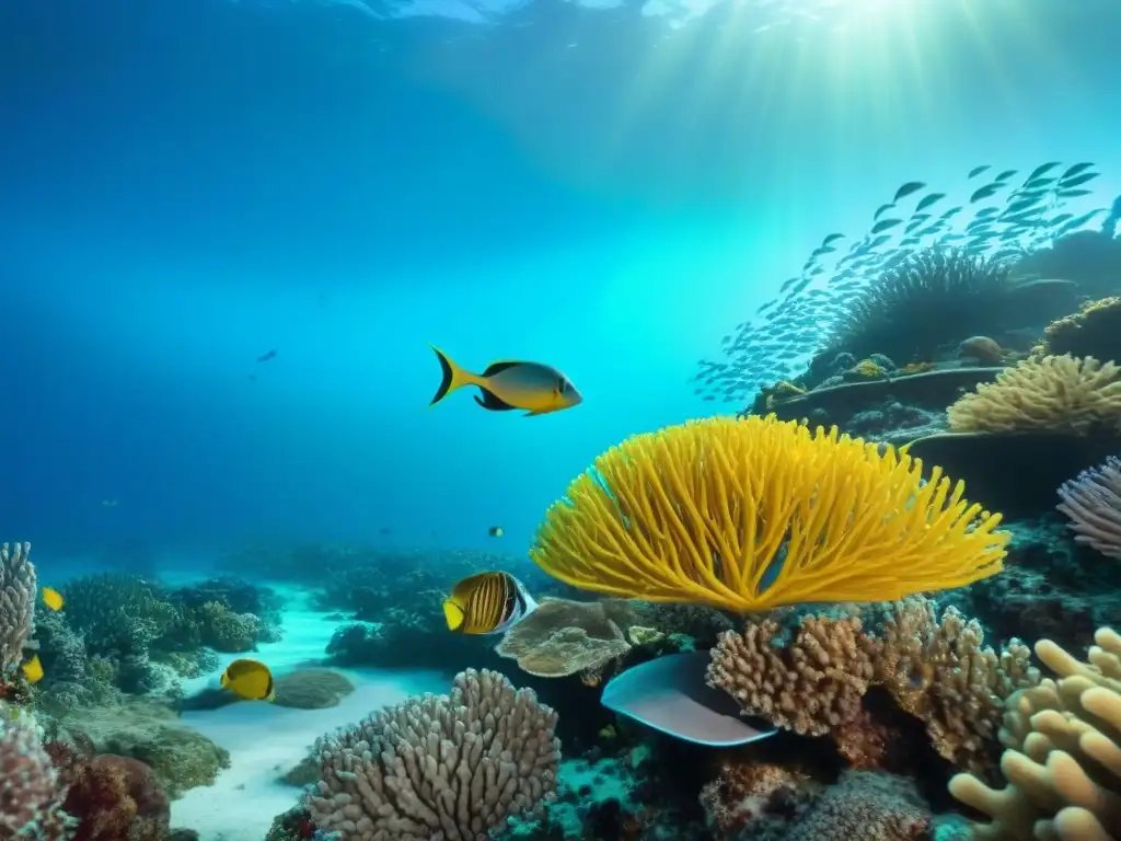 Un arrecife de coral vibrante en un entorno marino tranquilo, mostrando la importancia de la conservación marina en cruceros