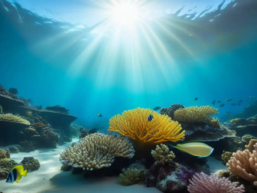 Un arrecife de coral vibrante, lleno de vida marina colorida bajo el mar