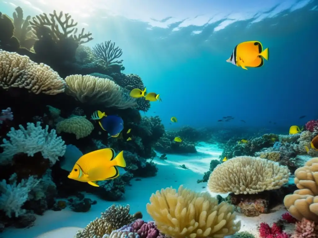 Un arrecife de coral vibrante lleno de vida marina, destaca la importancia de la conservación marina en cruceros