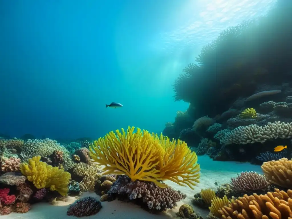 Un arrecife de coral vibrante y lleno de vida marina en aguas cristalinas