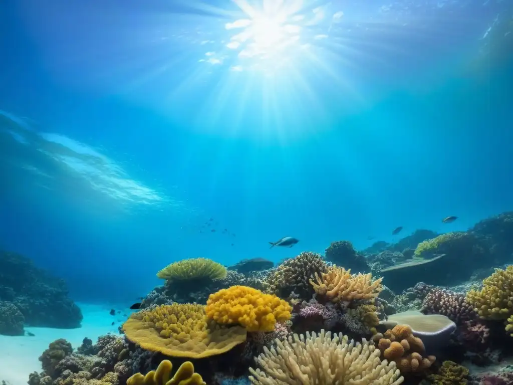 Un arrecife de coral vibrante lleno de vida marina, con un crucero ecológico en armonía