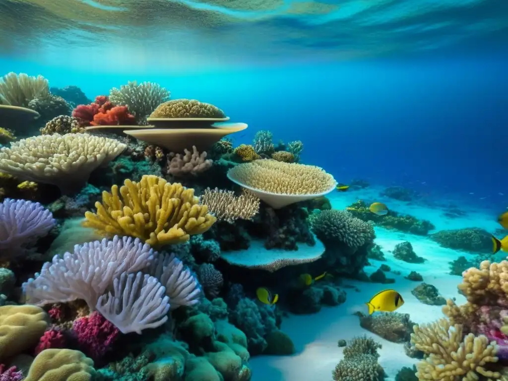 Un arrecife de coral vibrante lleno de vida marina, con peces coloridos y formaciones de coral, en aguas cristalinas