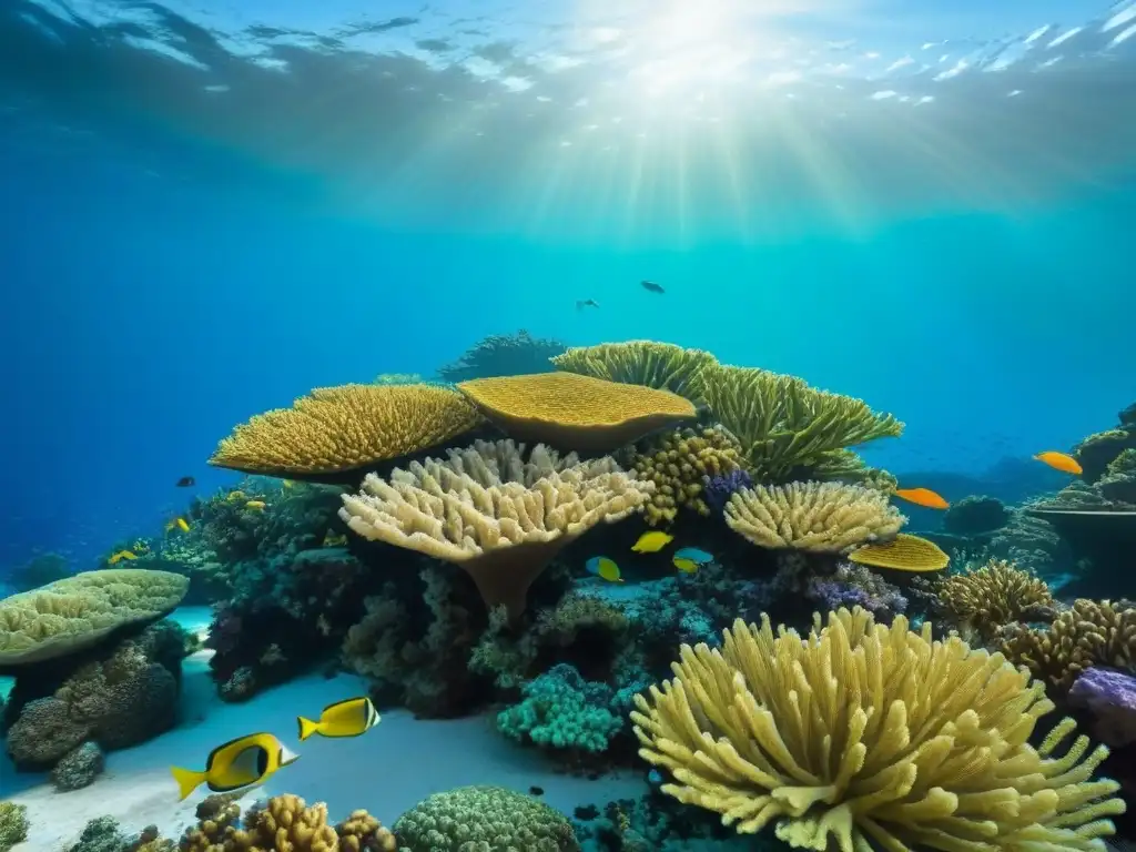 Un arrecife de coral vibrante lleno de peces coloridos y vida marina, en aguas turquesas