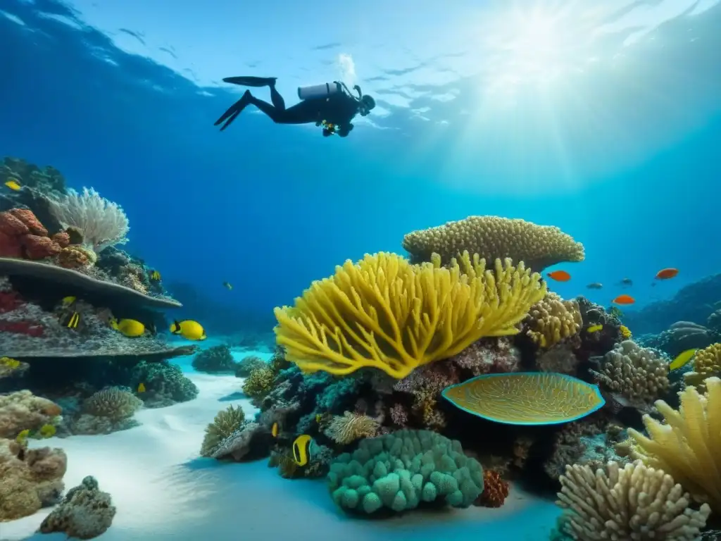 Un arrecife de coral vibrante lleno de vida marina, resaltando la importancia de la conservación marina en cruceros